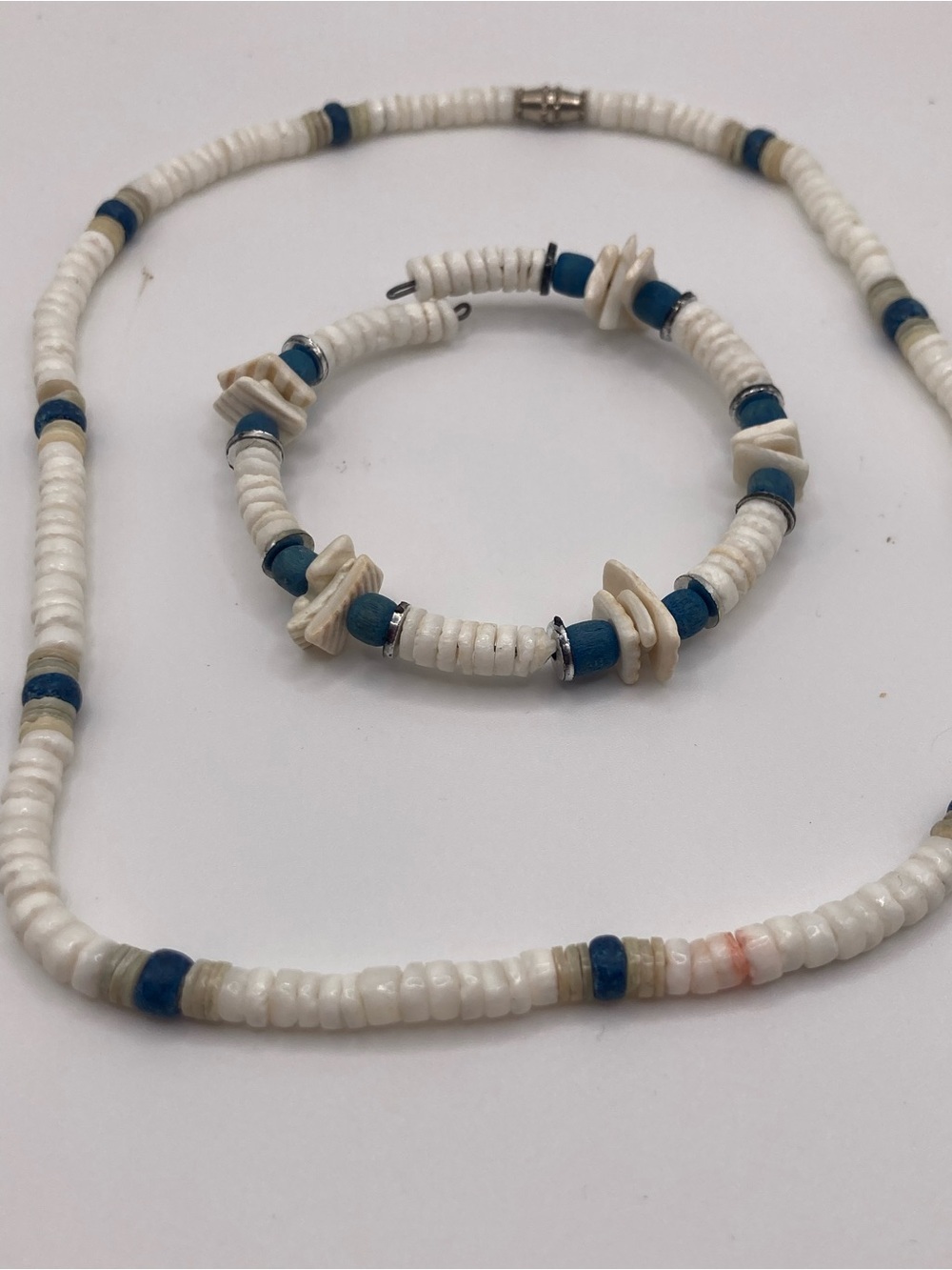 White and Blue Beaded Necklace and Bracelet Set